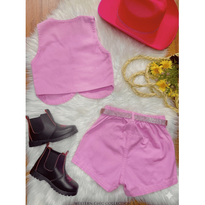 Conjunto Infantil Sarja Rosa Colete e Short C/ Cinto Boiadeira Country