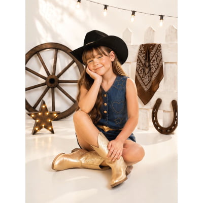 Conjunto Infantil Colete e Short Jeans C/ Cinto Boiadeira Country
