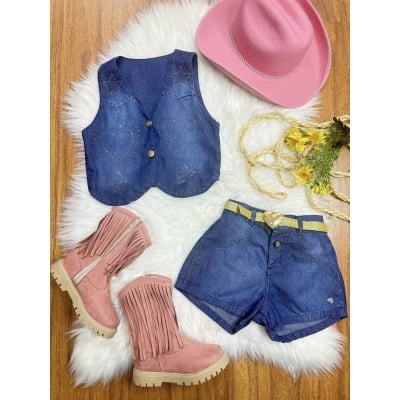 Conjunto Infantil Colete e Short Jeans C/ Cinto Boiadeira Country