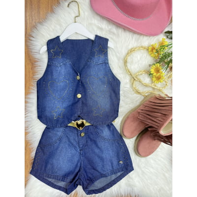 Conjunto Infantil Colete e Short Jeans C/ Cinto Boiadeira Country