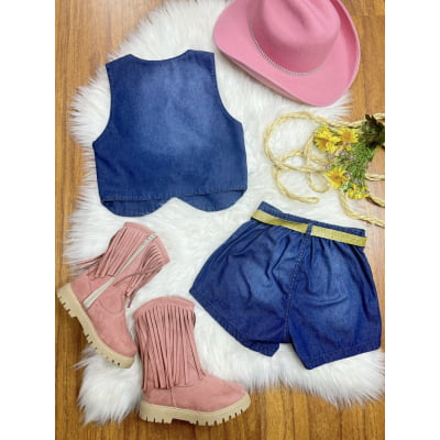 Conjunto Infantil Colete e Short Jeans C/ Cinto Boiadeira Country