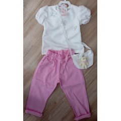 Conjunto infantil Com Blusa Branca e Calça Rosa Bolsinha
