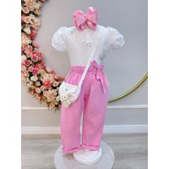 Conjunto infantil Com Blusa Branca e Calça Rosa Bolsinha