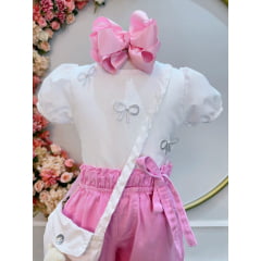 Conjunto infantil Com Blusa Branca e Calça Rosa Bolsinha