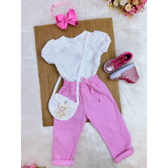 Conjunto infantil Com Blusa Branca e Calça Rosa Bolsinha