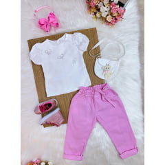 Conjunto infantil Com Blusa Branca e Calça Rosa Bolsinha