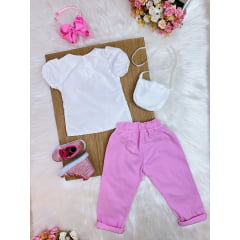 Conjunto infantil Com Blusa Branca e Calça Rosa Bolsinha