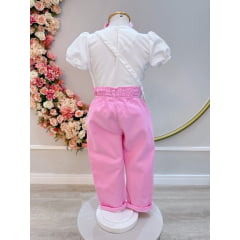 Conjunto infantil Com Blusa Branca e Calça Rosa Bolsinha