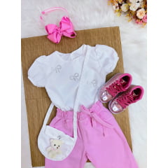 Conjunto infantil Com Blusa Branca e Calça Rosa Bolsinha