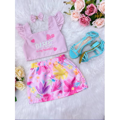 Conjunto Infantil da Barbie Rosa C/ Saia Colorido e Laço Casual