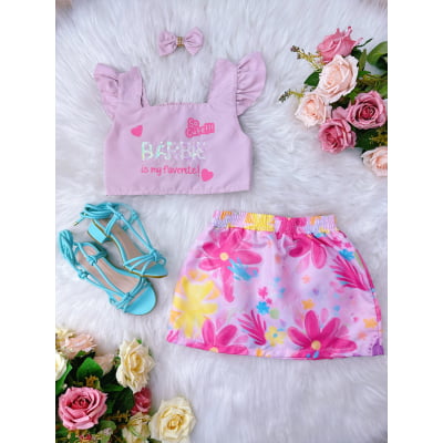 Conjunto Infantil da Barbie Rosa C/ Saia Colorido e Laço Casual