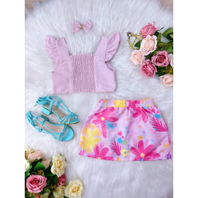 Conjunto Infantil da Barbie Rosa C/ Saia Colorido e Laço Casual