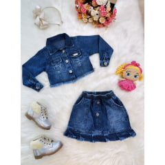 Conjunto Infantil Jaqueta e Saia Jeans Azul Casual