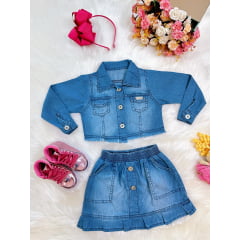 Conjunto Infantil Jaqueta e Saia Jeans Azul Luxo