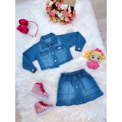 Conjunto Infantil Jaqueta e Saia Jeans Azul Luxo