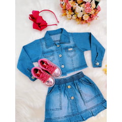 Conjunto Infantil Jaqueta e Saia Jeans Azul Luxo