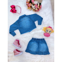 Conjunto Infantil Jaqueta e Saia Jeans Azul Luxo