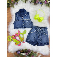 Conjunto Infantil Jaqueta e Short Jeans Azul Boiadeira Casual