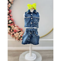 Conjunto Infantil Jaqueta e Short Jeans Azul Boiadeira Casual