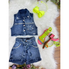 Conjunto Infantil Jaqueta e Short Jeans Azul Boiadeira Casual