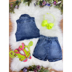 Conjunto Infantil Jaqueta e Short Jeans Azul Boiadeira Casual