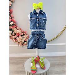 Conjunto Infantil Jaqueta e Short Jeans Azul Boiadeira Casual