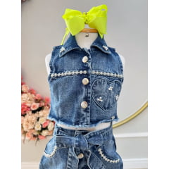 Conjunto Infantil Jaqueta e Short Jeans Azul Boiadeira Casual