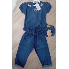 Conjunto infantil Jeans Azul C/ Blusa e Calça Bolsinha Casual