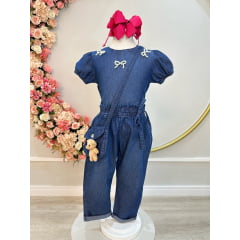 Conjunto infantil Jeans Azul C/ Blusa e Calça Bolsinha Casual