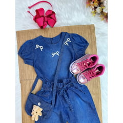 Conjunto infantil Jeans Azul C/ Blusa e Calça Bolsinha Casual