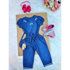 Conjunto infantil Jeans Azul C/ Blusa e Calça Bolsinha Casual