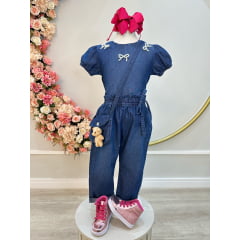 Conjunto infantil Jeans Azul C/ Blusa e Calça Bolsinha Casual