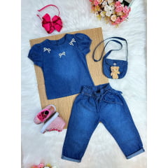 Conjunto infantil Jeans Azul C/ Blusa e Calça Bolsinha Casual