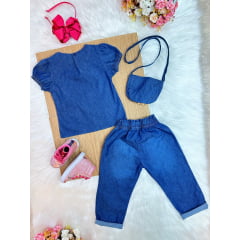 Conjunto infantil Jeans Azul C/ Blusa e Calça Bolsinha Casual