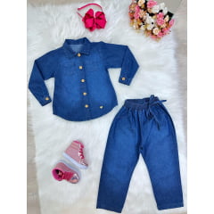 Conjunto infantil Jeans Azul Com Camisa e Calça Casual Luxo