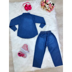 Conjunto infantil Jeans Azul Com Camisa e Calça Casual Luxo