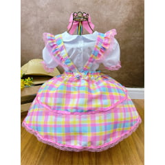 Conjunto Infantil Junino Camisa e Salopete Xadrez Rosa Estampado