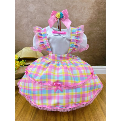 Conjunto Infantil Junino Camisa e Salopete Xadrez Rosa Estampado