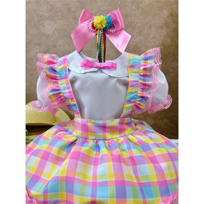 Conjunto Infantil Junino Camisa e Salopete Xadrez Rosa Estampado