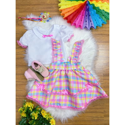 Conjunto Infantil Junino Camisa e Salopete Xadrez Rosa Estampado