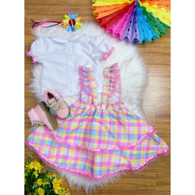 Conjunto Infantil Junino Camisa e Salopete Xadrez Rosa Estampado