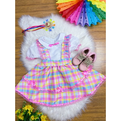 Conjunto Infantil Junino Camisa e Salopete Xadrez Rosa Estampado