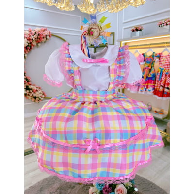 Conjunto Infantil Junino Camisa e Salopete Xadrez Rosa Estampado