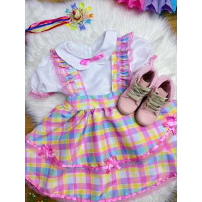 Conjunto Infantil Junino Camisa e Salopete Xadrez Rosa Estampado
