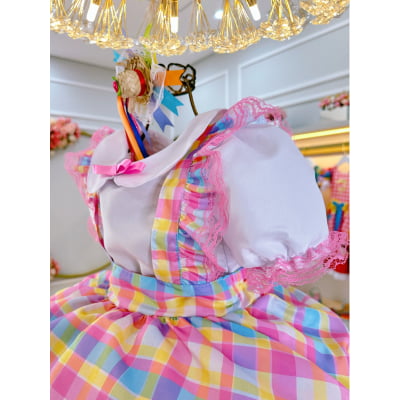 Conjunto Infantil Junino Camisa e Salopete Xadrez Rosa Estampado