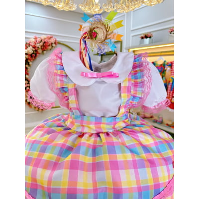 Conjunto Infantil Junino Camisa e Salopete Xadrez Rosa Estampado