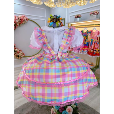 Conjunto Infantil Junino Camisa e Salopete Xadrez Rosa Estampado