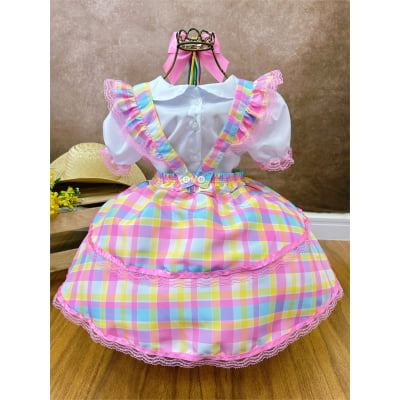 Conjunto Infantil Junino Camisa e Salopete Xadrez Rosa Estampado