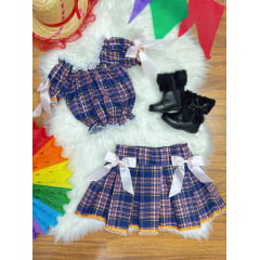 Conjunto Infantil Junino Ciganinha Azul Escuro Xadrez Colorido