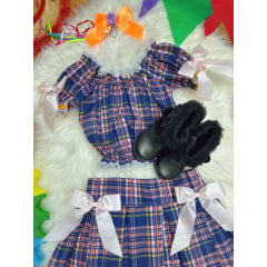 Conjunto Infantil Junino Ciganinha Azul Escuro Xadrez Colorido